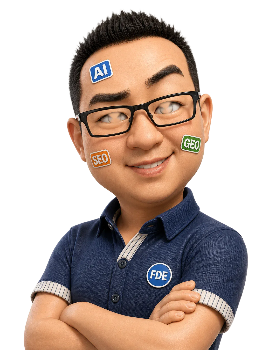 占磊的潮玩分身:短发、黑框眼镜、深蓝衬衫,面部有 AI、SEO 和 GEO 标签
